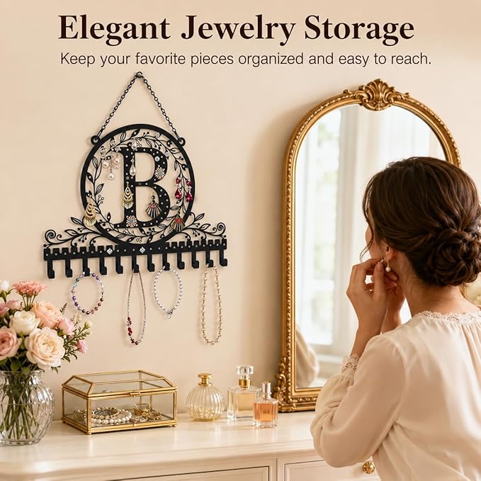 Wall-Mounted Metal Initial Letter B Earring Holder Hanging Jewelry Organizer for Earrings and Necklaces Space-Saving Wall Display with Hooks for Jewelry Storage