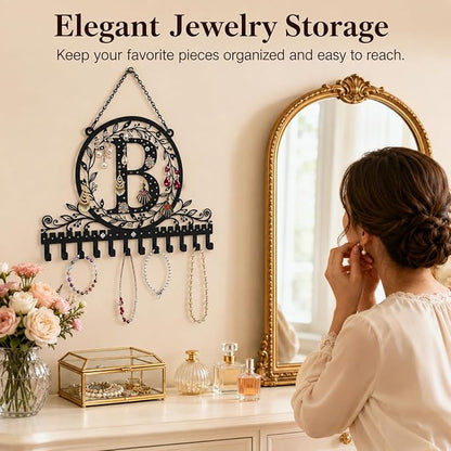 Wall-Mounted Metal Initial Letter B Earring Holder Hanging Jewelry Organizer for Earrings and Necklaces Space-Saving Wall Display with Hooks for Jewelry Storage