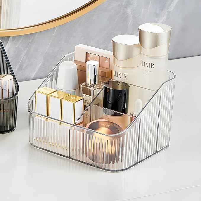 Clear Makeup Brush Holder & Organizer for Vanity, Bathroom Countertop - 5 Cup Toiletry Organizer, Storage & Display for Skincare, Perfume, Hairbrush, Sunglasses & Desk Accessories