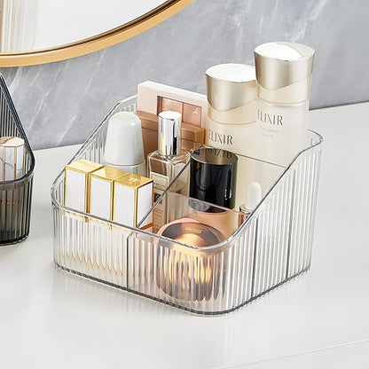 Clear Makeup Brush Holder & Organizer for Vanity, Bathroom Countertop - 5 Cup Toiletry Organizer, Storage & Display for Skincare, Perfume, Hairbrush, Sunglasses & Desk Accessories