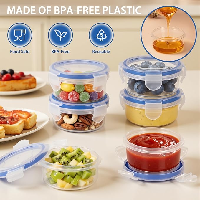 Small Containers with Lids, [6 Pack] 3.5 oz Reusable Plastic Jars for Snack and Puree, Salad Dressing Container to Go, Small Condiment Containers for On-the-Go Meals, Sauce Containers, BPA-Free