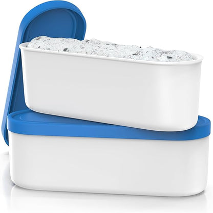 BALCI Ice Cream Containers - 2 Quart Ea. (Set of 2) - Premium Reusable Freezer Storage for Homemade Ice Cream Tub for Sorbet, Frozen Yogurt - Flexible Silicone Lids, Long Scoop, Stackable - Blue