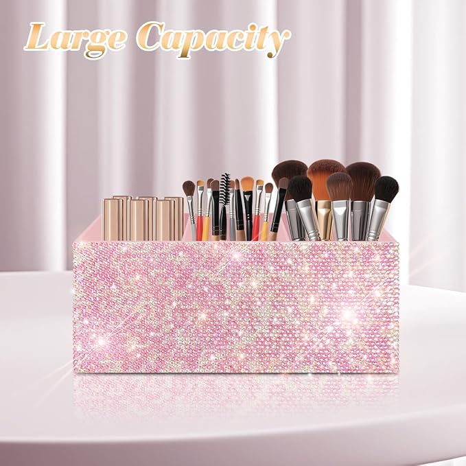 Bling Makeup Brush Holder Organizer, 3 Slot Sparkle Cosmetics Brushes Storage Holders with Shiny Rhinestones, Glitter Cute Pen and Pencil Holder for Desk, Eyeliners Display Case for Vanity（Pink）