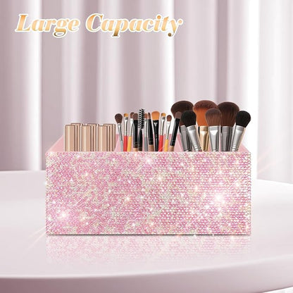 Bling Makeup Brush Holder Organizer, 3 Slot Sparkle Cosmetics Brushes Storage Holders with Shiny Rhinestones, Glitter Cute Pen and Pencil Holder for Desk, Eyeliners Display Case for Vanity（Pink）