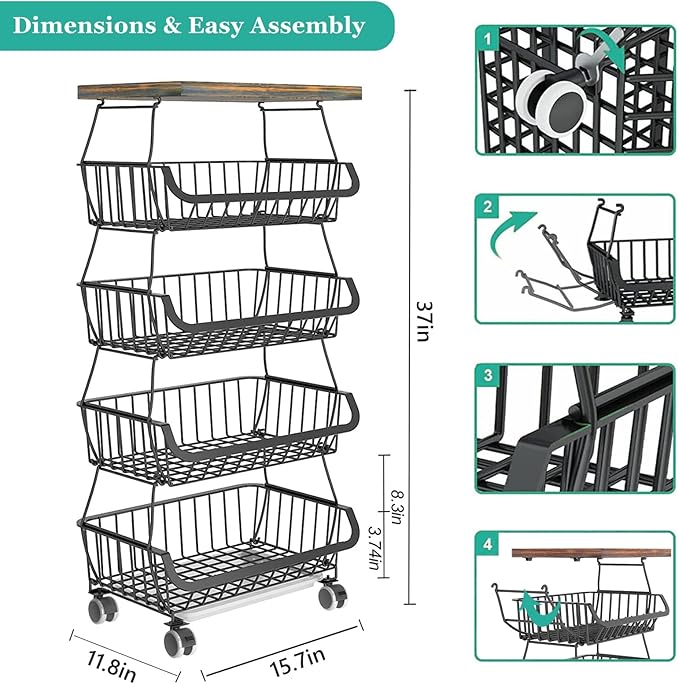 CHLORYARD Fruit Basket with Wooden Lid for Kitchen, 5-Tier Stackable Wire Fruit Vegetable Storage Basket Organizer Stand on Wheel, Produce Basket Potato Onion Storage Bins Rack Cart for Pantry