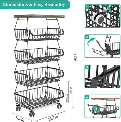 CHLORYARD Fruit Basket with Wooden Lid for Kitchen, 5-Tier Stackable Wire Fruit Vegetable Storage Basket Organizer Stand on Wheel, Produce Basket Potato Onion Storage Bins Rack Cart for Pantry