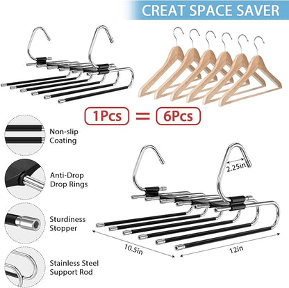 Upgrade 6 Layers Pants Hangers Space Saving, 2 Pack Stainless Steel Multifunctional Rack Non Slip S-Type Pant Closet Organizer Saver for Leggings Jeans Trousers Scarf, Black