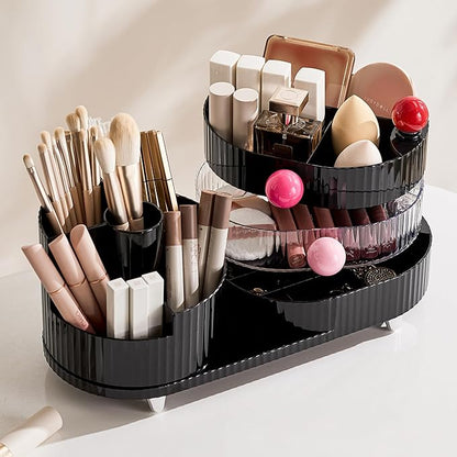 UFORU Makeup Organizer Countertop for Vanity with 360° Rotating Brush Holder, 3 Layer Cosmetic and Jewelry Storage, Makeup Display Case for Skincare&Perfume, Black