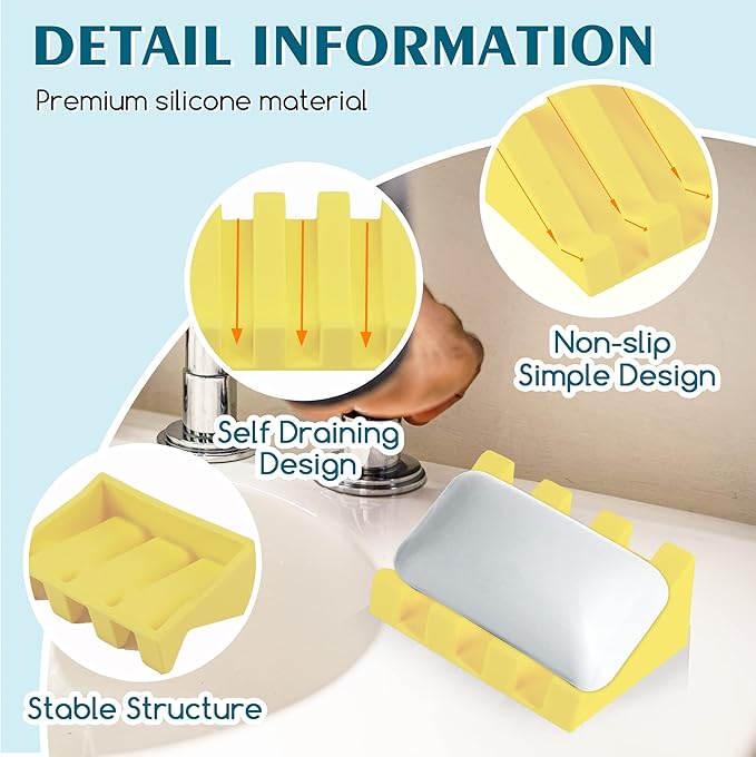 2 Pack Self Draining Silicone Soap Dish for Shower & Kitchen - Non-Slip Waterfall Bar Soap Holder Tray, Soap Saver Keeps Soap Dry, Easy to Clean & Hygienic (Yellow)