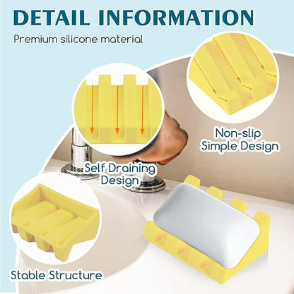 2 Pack Self Draining Silicone Soap Dish for Shower & Kitchen - Non-Slip Waterfall Bar Soap Holder Tray, Soap Saver Keeps Soap Dry, Easy to Clean & Hygienic (Yellow)