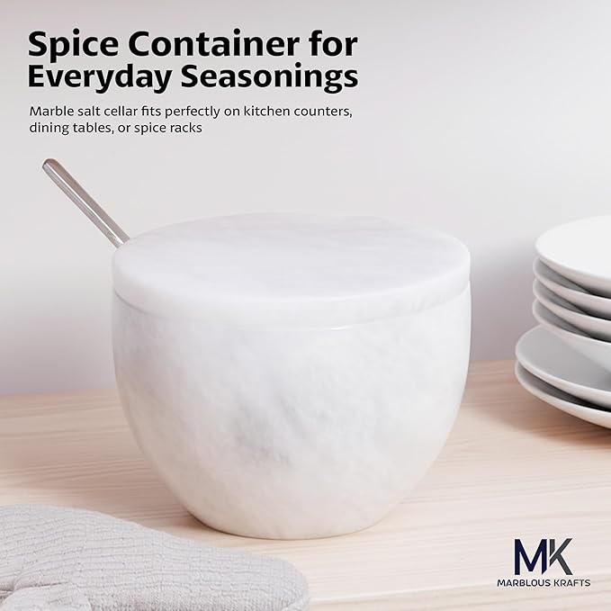MARBLOUS KRAFTS Marble Salt Holder with Lid and Spoon 3 x 4 White Spice Jar for Kitchen Countertop, 4.7 oz, Ideal Seasonings, Sugar Bowl, and Salt Storage, gifts for mom