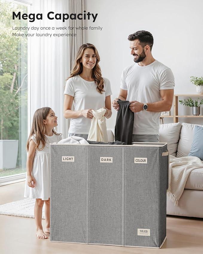 SOLEDI 200L 3-Section Laundry Hamper with Lid, Extra Large Dirty Clothes Basket with Sturdy Handles for Laundry Room & Bedroom - Durable Organizer for Sorting Laundry