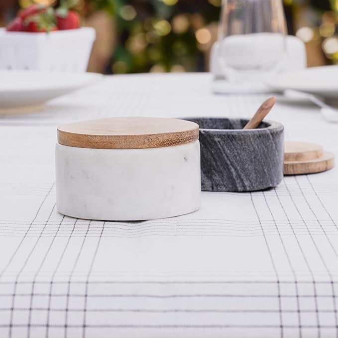 Cork & Mill White Marble Salt Cellar with Acacia Wood Lid and Spoon - Elegant Modern Handcrafted Container for Countertop - Keeps Spices Dry - Wide 4” Salt Pig with Non-Skid Feet