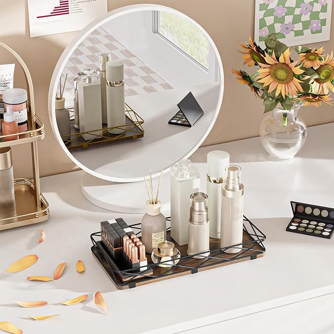 Lixple Toilet Paper Basket Holder, 13" Toilet Tank Tray, Wood and Metal Toilet Tray Vanity Organizer Bathroom Tray, Kitchen Sink Organizer for Soap Dispenser (Brown+Black)