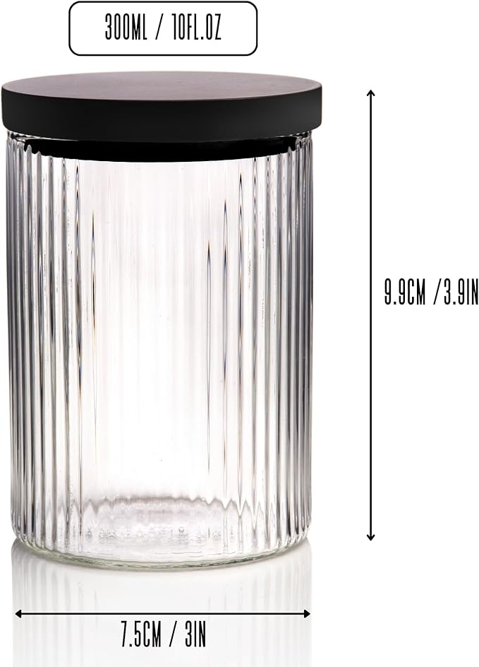 Mason & Fable Ribbed Glass Bathroom Jars with Black Bamboo Lids | Cotton Pad / Swab / Q tip | Bath Salt / Clear Vanity Apothecary Storage Canister Organizer-10fl.oz, Set of 4