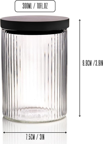 Mason & Fable Ribbed Glass Bathroom Jars with Black Bamboo Lids | Cotton Pad / Swab / Q tip | Bath Salt / Clear Vanity Apothecary Storage Canister Organizer-10fl.oz, Set of 4