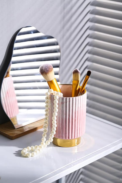 IEEK Pink and Gold Makeup Brush Holder Organizer,Glass Cosmetics Brushes Cup Eyebrow Pencil Pen Container,European Style Striped Brushes Storage,Ceramics Decor for Bathroom Dresser Vanity Desktop