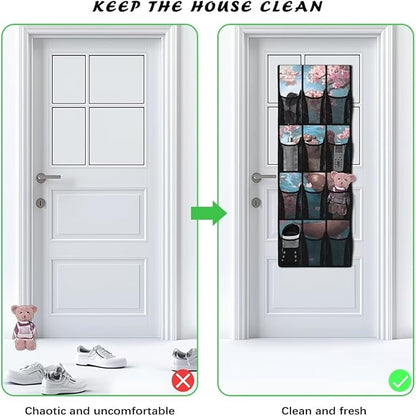 Over The Door Shoe Organizer Cherry Blossom Sloth Hanging Shoe Rack for Closet with 12 Large Mesh Pockets Washable Reusable Door Hanging Storage Bag for Small Spaces