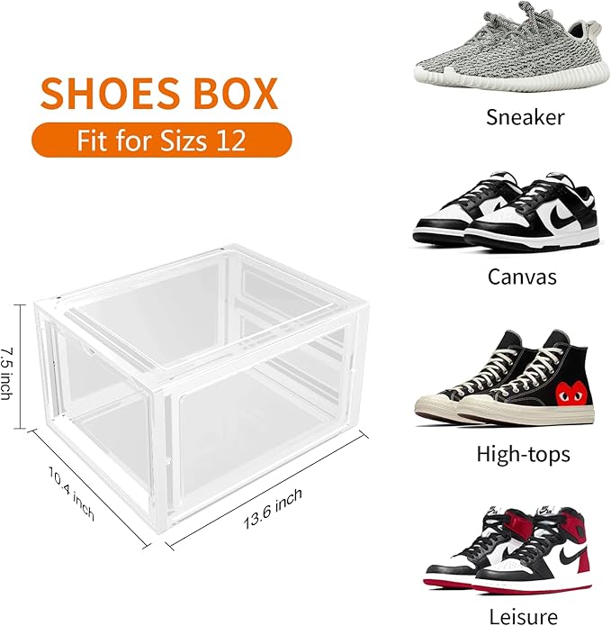 Shoe Box, 6 Pack Shoe Boxes Clear Plastic Stackable, Shoe Storage Boxes with Lids, Drop Front Shoe Boxes for Sneaker Storage Display, Fit Up to US Size 12 (13.6”x 10.4”x 7.5”) (Transparent)