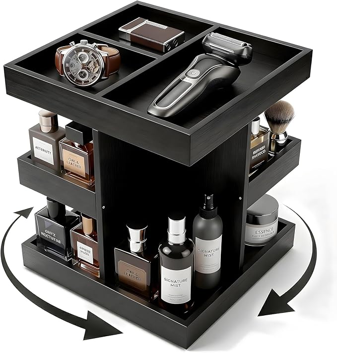 360° Rotating Cologne Organizer for Men - Heavy-Duty Wood Grooming Station | Perfume Stand & 9-Compartment Dresser Display for Shaving Kit, Skincare & EDC. Luxury Gift for Husband, Dad & Son, Black