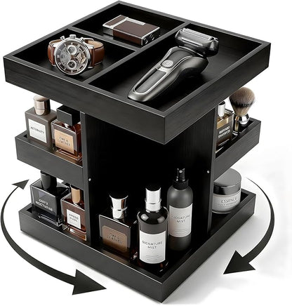 360° Rotating Cologne Organizer for Men - Heavy-Duty Wood Grooming Station | Perfume Stand & 9-Compartment Dresser Display for Shaving Kit, Skincare & EDC. Luxury Gift for Husband, Dad & Son, Black