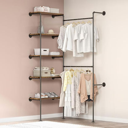 Industrial Pipe Clothing Rack, Wall Mounted DIY Garment Rack with 2 Adjustable Rod & 5 Shelves, Heavy Duty Closet Organizers System in Wardrobe Closet, Black