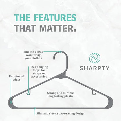 Sharpty Plastic Hangers Clothes Hangers for Clothing, Closet, Coats & Shirts - Durable, Thick, Tough & Space Saving - for Everyday Standard Use, Room Essentials & Basics - 20 Pack - Grey