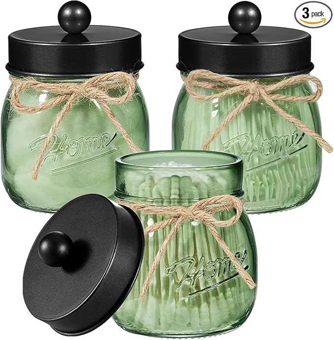 SheeChung Green Glass Qtip Holder Dispenser, Mason Jar Apothecary Jars with Lids, Bathroom Organizers and Storage, Vanity Countertop Canisters Set for Cotton Swab, Ball, Pad, Floss Pick-Black, 3 Pack