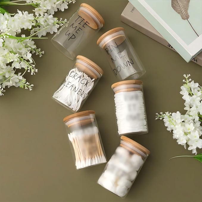 Tessco for you 6 Pcs Cotton Ball Holder Apothecary Jars with Lids Glass 3 Pcs Bamboo Tray Oval Plate Bathroom Decor Clear Cotton Ball Holder Bathroom Organizer Countertop Storage Containers