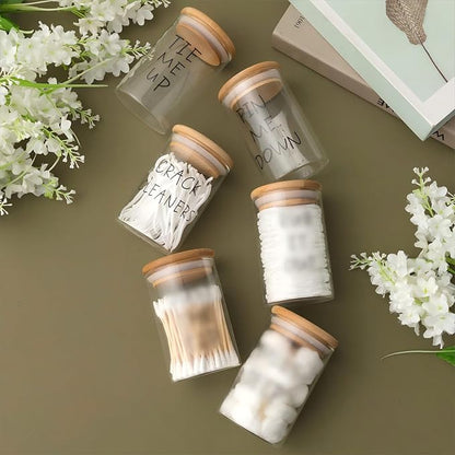 Tessco for you 6 Pcs Cotton Ball Holder Apothecary Jars with Lids Glass 3 Pcs Bamboo Tray Oval Plate Bathroom Decor Clear Cotton Ball Holder Bathroom Organizer Countertop Storage Containers