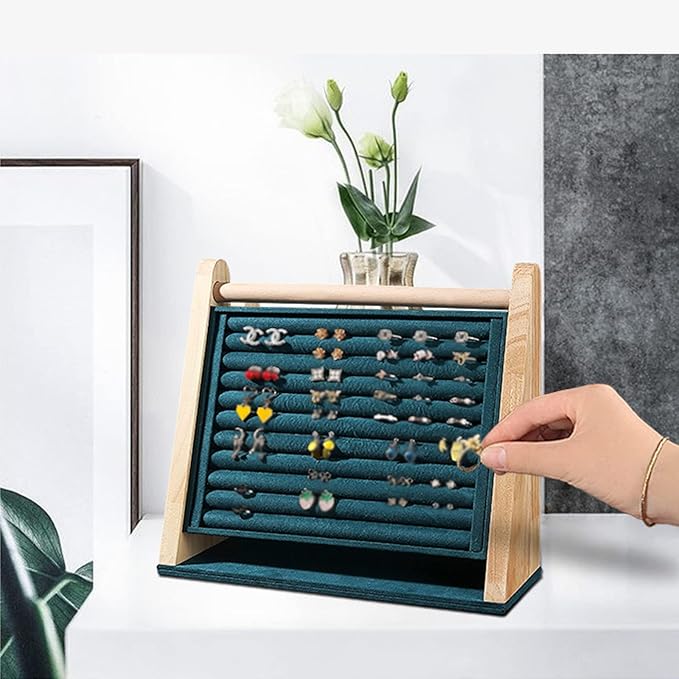 Vertical Solid Wooden Jewelry Storage Stand Large Capacity Hanging Organizer Display Board Rack with 10 Strip Slots for Chest Pin Earrings Jewelry Ring Small Ornament (Dark Green)