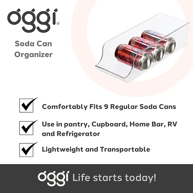 OGGI Soda Can Holder - Comfortably Holds 9 Cans (14" x 5.5" x 4") - Ideal for Kitchen Organization, Pantry Storage, Fridge Organizing, Clear