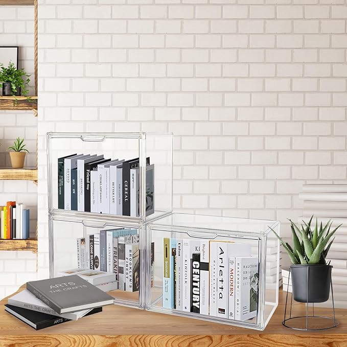 2-Pack Clear Book Storage Organizer Box, Stackable Acrylic Display Case with Magnetic Door, Portable Bookcase Containers for Comics, Handbags, Toys and Shoes, 14.2" x 10.6" x 8.7"