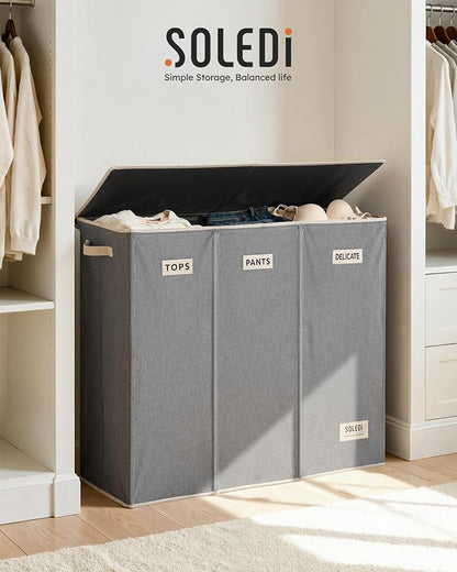 SOLEDI 200L 3-Section Laundry Hamper with Lid, Extra Large Dirty Clothes Basket with Sturdy Handles for Laundry Room & Bedroom - Durable Organizer for Sorting Laundry