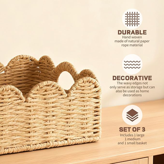 Hand Woven Paper Rope Scalloped Edge Decor Baskets for Home,Living Room, Bedroom,Storage over Above Behind Flush Tank,Toilet Basket,end Table,Shelves-Easily Fit with or Bedroom Decor,Set 3(Natural)