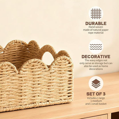 Hand Woven Paper Rope Scalloped Edge Decor Baskets for Home,Living Room, Bedroom,Storage over Above Behind Flush Tank,Toilet Basket,end Table,Shelves-Easily Fit with or Bedroom Decor,Set 3(Natural)
