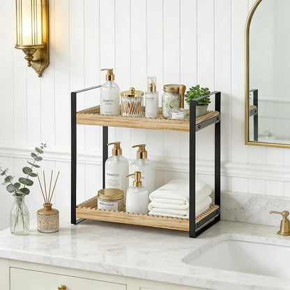 2 Tier Bathroom Organizers and Storage, Farmhouse Countertop Organizer for Bathroom Storage, Makeup Organizer for Decor, Wood Shelf for Perfume Skincare Kitchen Coffee Bar, Vanity Accessories (Brown)