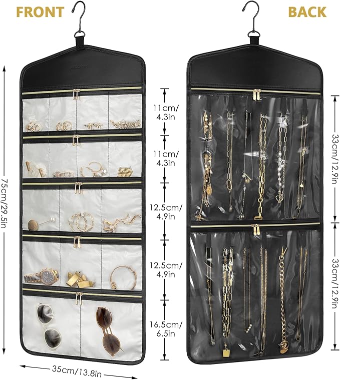 CHICECO Travel Jewelry Holder Organizer,Hanging Jewelry Organizer Storage With Zippered Pockets for Cloest,Wall,Door,Jewelry Holder for Earrings, Necklaces（Beige Black）