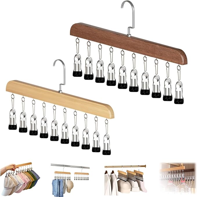 Closet Organizer with 10 Clips, Space Saving Hanging Closet Organizer, Legging Hanger for Closet Organizer with 10 Clip for Storing Jeans, Legging, Shorts (Vintage+Wood-10 Clips, 2PCS)