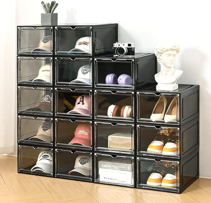 Hat Organizer Box, Stackable Clear Baseball Caps Holder Box Containers with Magnetic Door, Holds 20 Hats (Black Clear, 2 Pack)