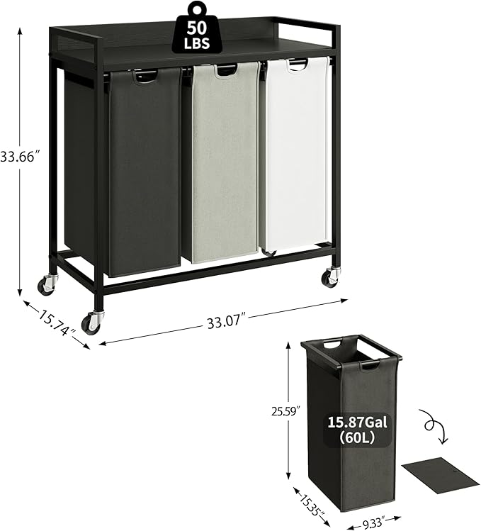 Herture Laundry Hampers with Shelf, Laundry Basket 3 Section, Laundry Sorter with Pull-Out Removable Large 3 Color Bags and Movable Wheels, Metal Frame, 3 x 15.87 Gallons (60L), Black PF04XLK