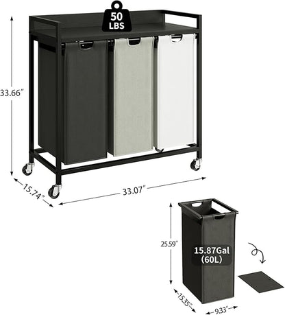 Herture Laundry Hampers with Shelf, Laundry Basket 3 Section, Laundry Sorter with Pull-Out Removable Large 3 Color Bags and Movable Wheels, Metal Frame, 3 x 15.87 Gallons (60L), Black PF04XLK