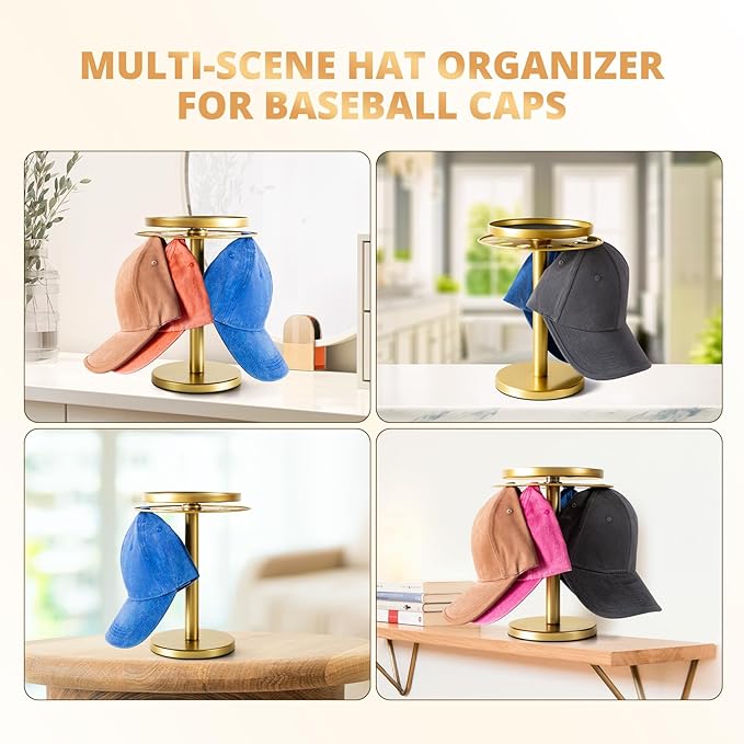 kondyfayo 360° Rotating Hat Organizer for Baseball Caps, Stainless Steel Hat Rack Holder with Top Storage Tray for Small Essentials, Ball Cap Storage Organizer for Closet, Entryway, Display (Gold)