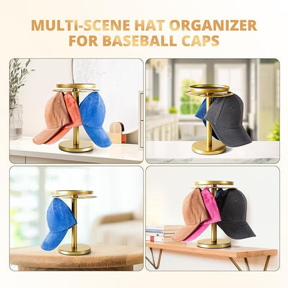 kondyfayo 360° Rotating Hat Organizer for Baseball Caps, Stainless Steel Hat Rack Holder with Top Storage Tray for Small Essentials, Ball Cap Storage Organizer for Closet, Entryway, Display (Gold)