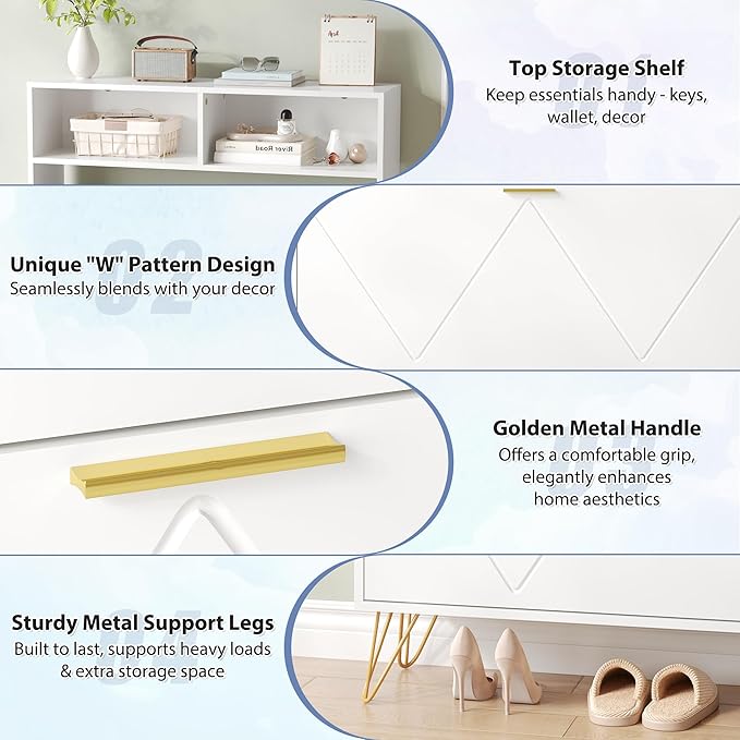 Shoe Cabinet Storage for Entryway, White Shoe Organizer with 2 Flip Drawers & Open Shelf, Hidden Large Shoe Storage Cabinet with Metal Legs, Freestanding Tipping Bucket Shoe Cabiet