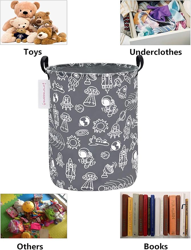 QUEENLALA Large Storage Basket,Laundry Hamper/Bathroom/Home Decor/Collapsible Round Storage Bin,Boys and Girls Hamper/Boxes/Clothing(Round-Grey space exploration)