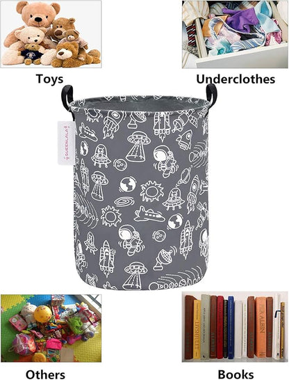 QUEENLALA Large Storage Basket,Laundry Hamper/Bathroom/Home Decor/Collapsible Round Storage Bin,Boys and Girls Hamper/Boxes/Clothing(Round-Grey space exploration)