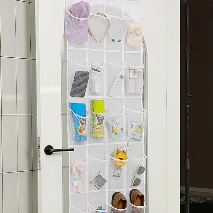 24 Mesh Pocket Over the Door Shoe Organizer Space Saving Hanging Storage Holder with Hooks 64x19 Inch White, Shoe Hanger for Door