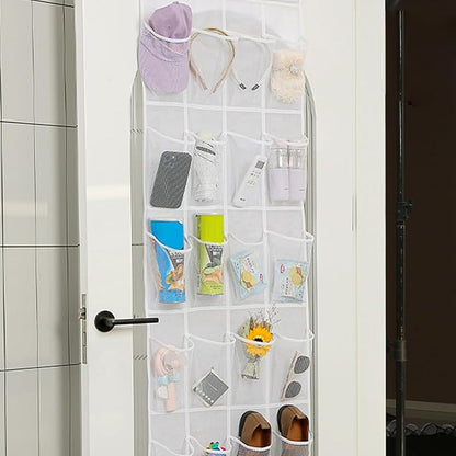 24 Mesh Pocket Over the Door Shoe Organizer Space Saving Hanging Storage Holder with Hooks 64x19 Inch White, Shoe Hanger for Door