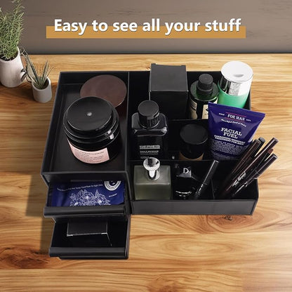 Black Vanity Organizer with Drawers – Large Mens Countertop Storage Box for Cologne, Skincare, Makeup, Perfume – Waterproof Dresser Organizer for Bathroom, Bedroom, Desk